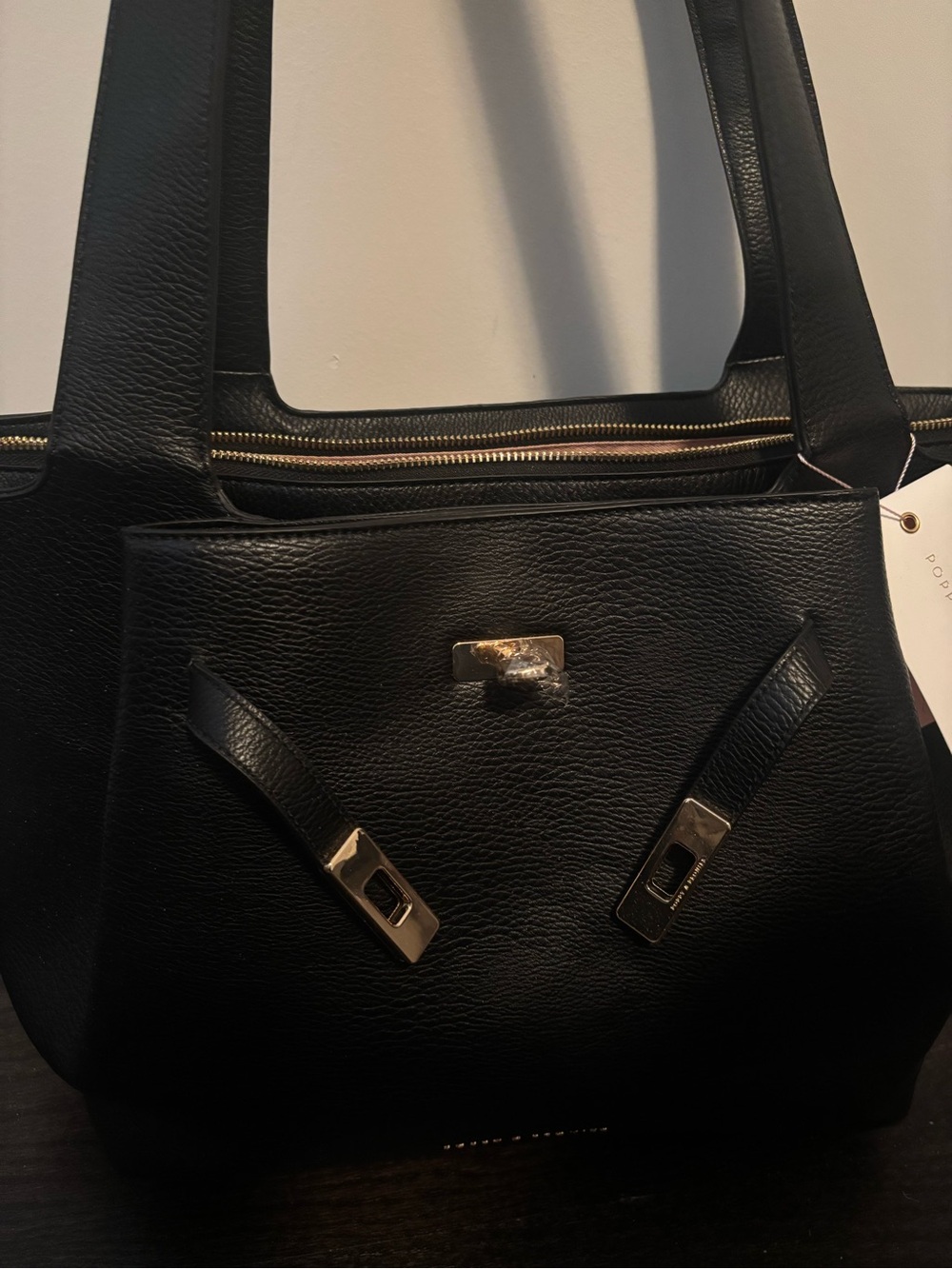 Poppy and peonies Anniversary Tote black vegan Leather with Gold Hardware